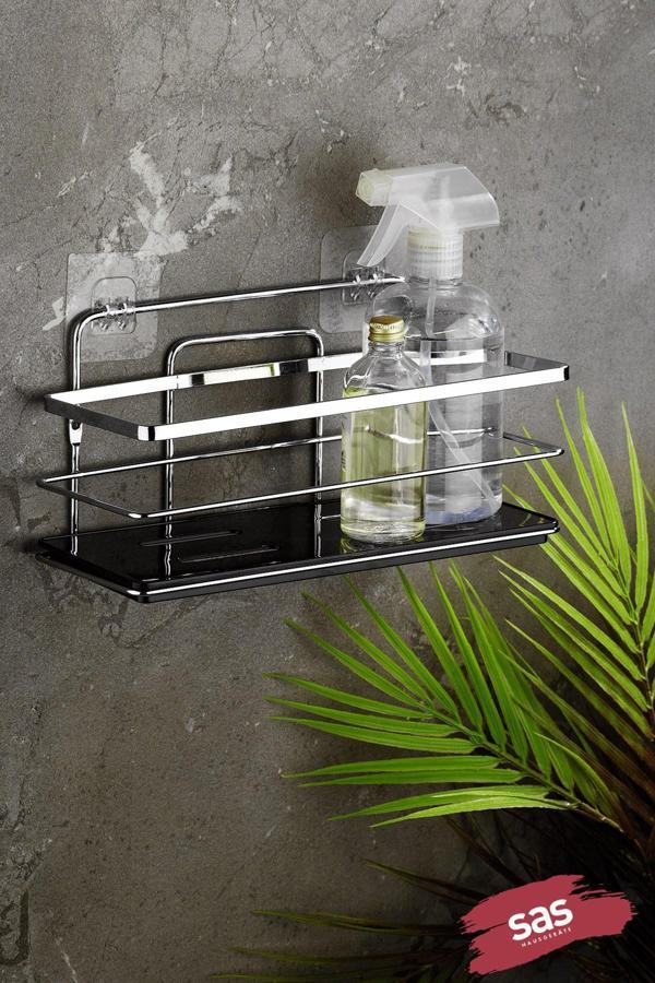 Tekli Ayarlanabilir Banyo Duş Rafı, Paslanmaz Kristal Şampuanlık (Yapıştır/Vidala) Krom-Siyah - Image 1