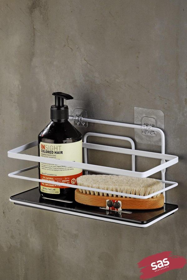 Tekli Ayarlanabilir Banyo Duş Rafı – Paslanmaz Kristal Şampuanlık (Yapıştır/Vidala) Beyaz-Siyah - Image 1