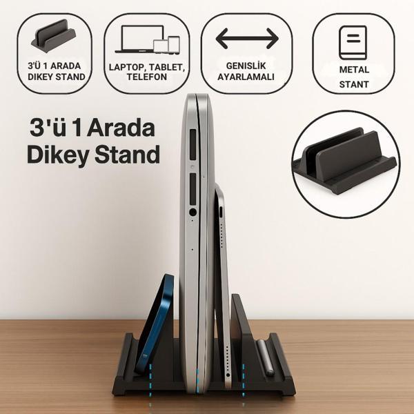 Polham 3in1 Arada Ayarlanabilir Metal Dikey Laptop Standı – Laptop, Tablet ve Telefon Tutucu,Ayarlanabilir Genişlikli - Image 1