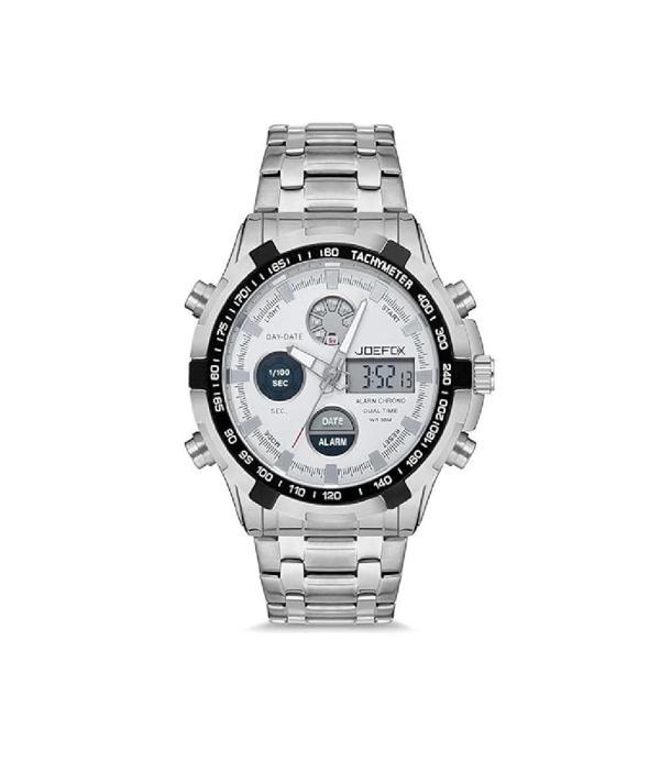 JOEFOX Analog Dijital Erkek Kol Saati, Gümüş Çelik Kordon, Beyaz Kadran, Kronometre ve Alarm Fonksiyonlu, Su Geçirmez - Image 1