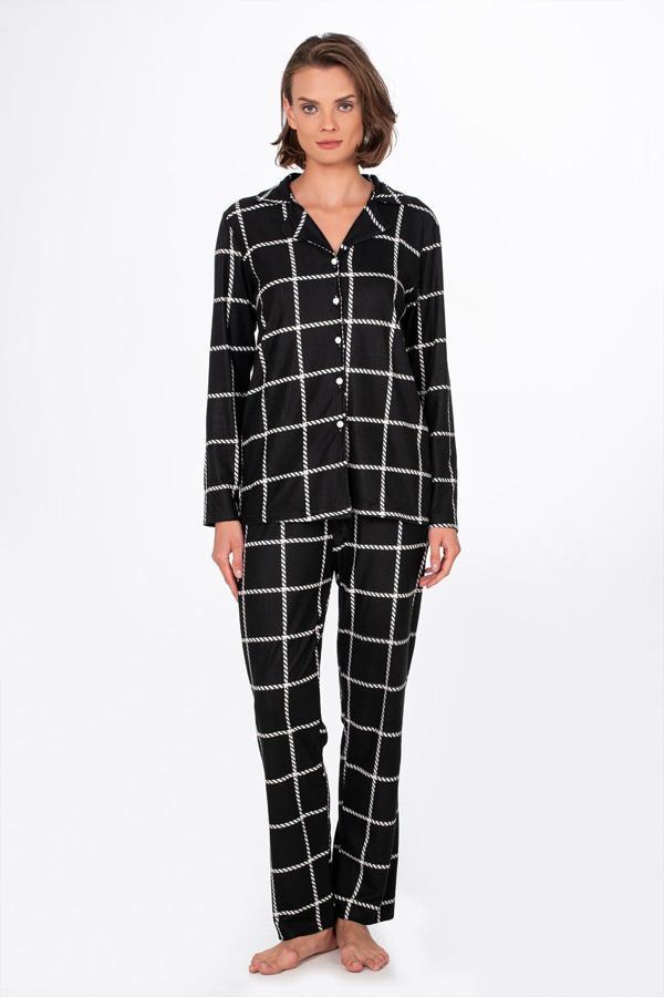 Kadın Süet Önden Düğmeli Pijama Takımı | Beyaz Çizgili - Image 1