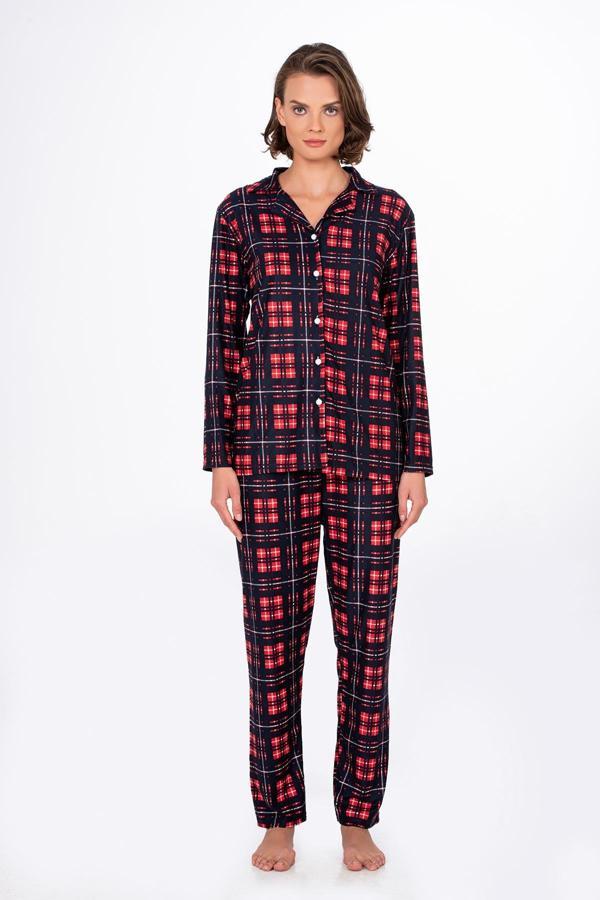 Kadın Süet Önden Düğmeli Pijama Takımı | Ekose Lacivert - Image 1