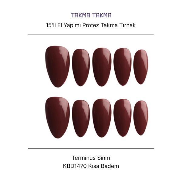 15'li Bordo Kısa Badem KBD1470 - Tekrar Kullanılabilir El Yapımı Protez Takma Tırnak Bordo-M - Image 1