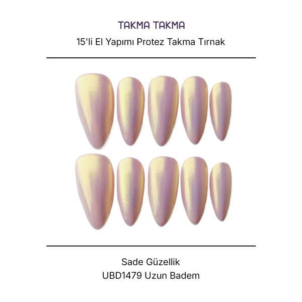 15'li Ten Rengi Uzun Badem UBD1479 Tekrar Kullanılabilir El Yapımı Protez Takma Tırnak Ten Rengi-XS - Image 1