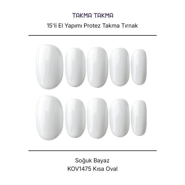 15'li Beyaz Kısa Oval KOV1475 Tekrar Kullanılabilir El Yapımı Protez Takma Tırnak Beyaz-XS - Image 1