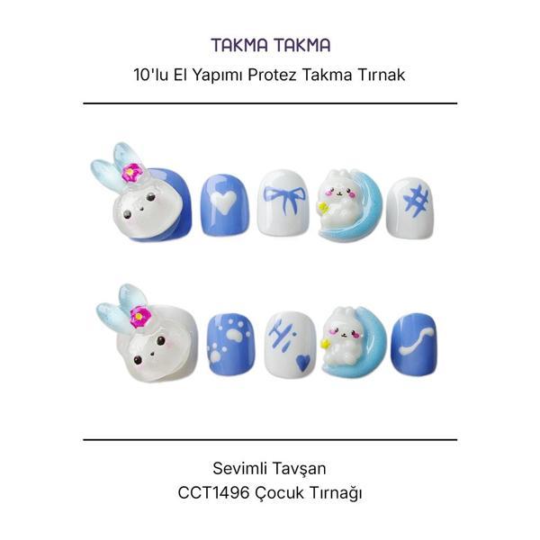 10'lu Mavi Çocuk Tırnağı CT1496 Tekrar Kullanılabilir El Yapımı Protez Takma Tırnak Mavi-S - Image 1
