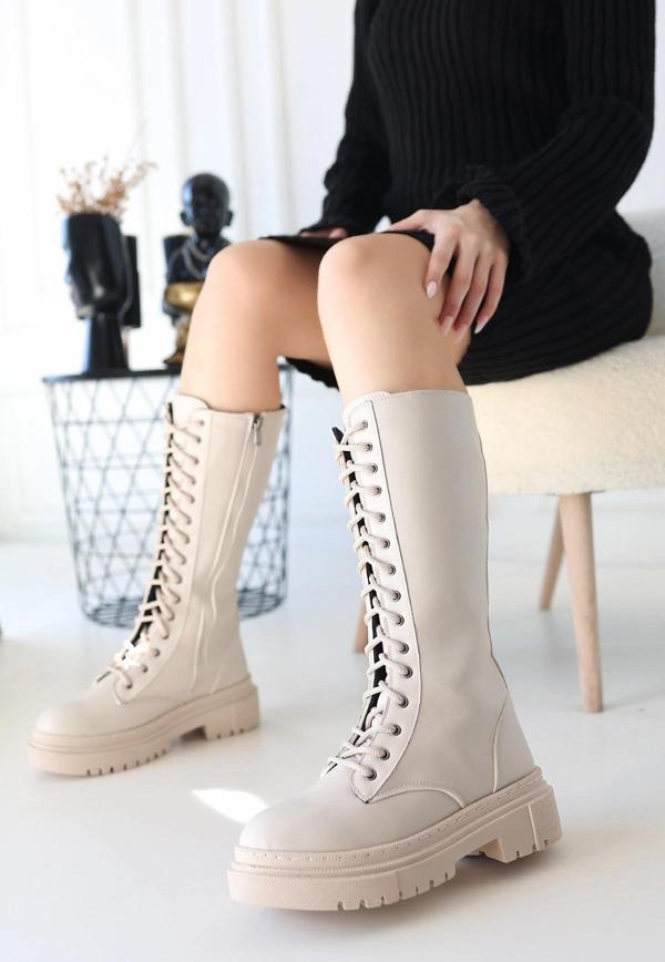 BİÇOMİ Mennd Bej Cilt Bağcıklı Çizme - Image 1