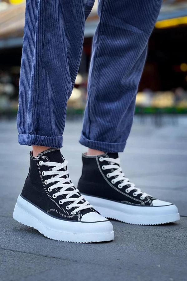 BİÇOMİ KB-CX-3 Kuback Uzun Siyah Keten Beyaz Yüksek Taban Spor Ayakkabı - Image 1