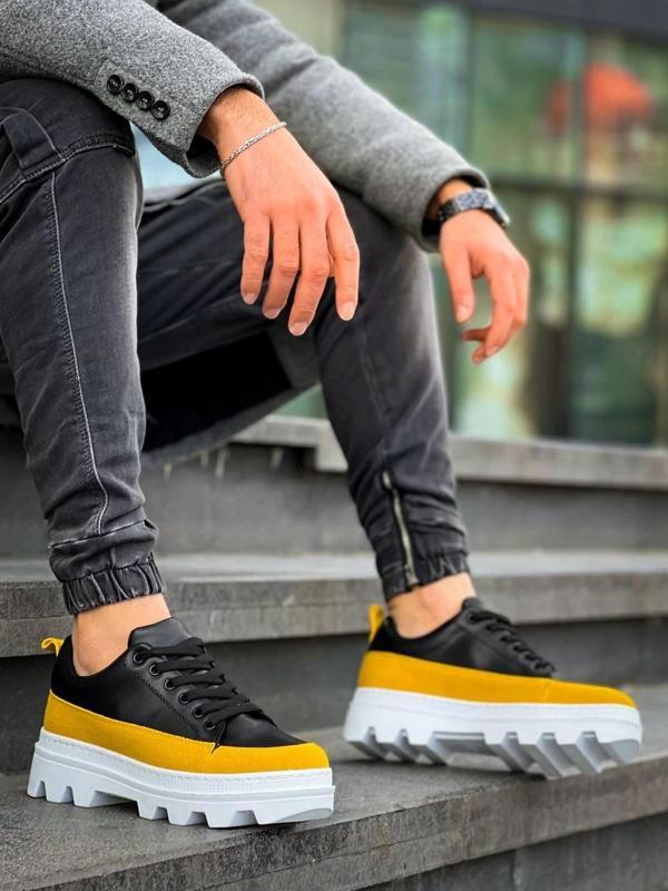 BİÇOMİ KB-056 Kuback Siyah Sarı Detaylı Beyaz Yüksek Taban Günlük Spor Ayakkabı - Image 1