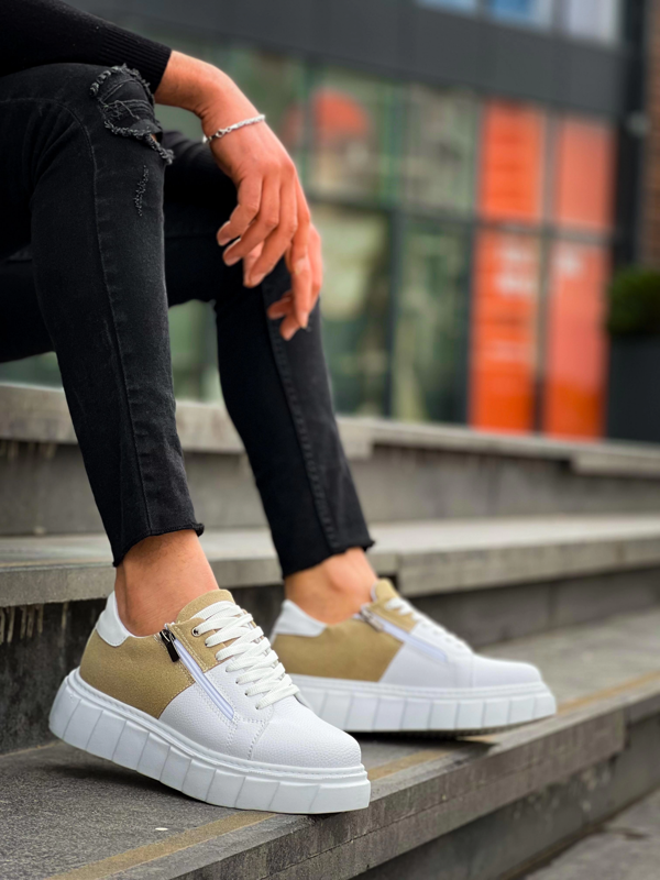 BİÇOMİ KB-X155 Kuback Beyaz Cilt Bej Süet Detaylı Beyaz Yüksek Taban Günlük Spor Ayakkabı - Image 1