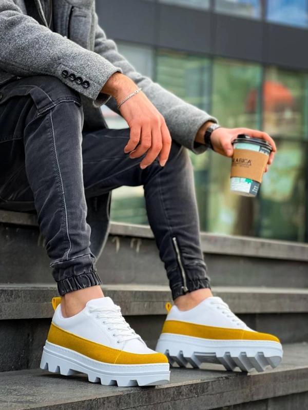 BİÇOMİ KB-056 Kuback Beyaz Sarı Detaylı Beyaz Yüksek Taban Günlük Spor Ayakkabı - Image 1