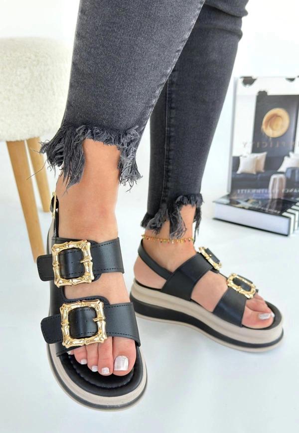 BİÇOMİ Stan Siyah Cilt Sandalet - Image 1