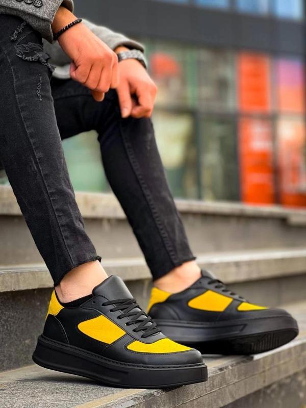 BİÇOMİ KB-X8 Kuback Siyah Sarı Cilt Yüksek Taban Günlük Spor Ayakkabı - Image 1