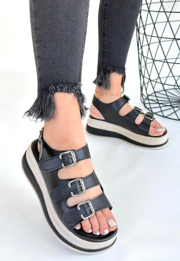 BİÇOMİ Jatay Siyah Cilt Sandalet - Image 1