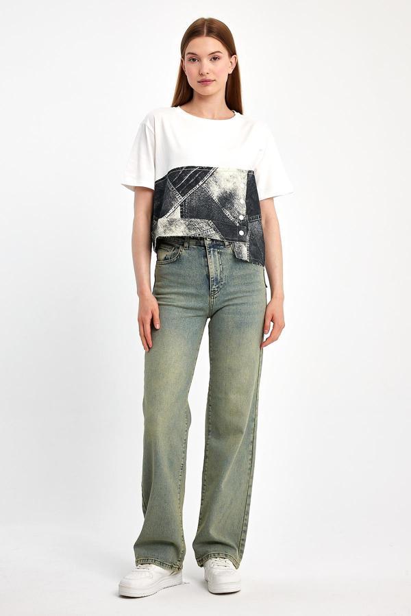 Denim Parçalı Tişört - Image 1