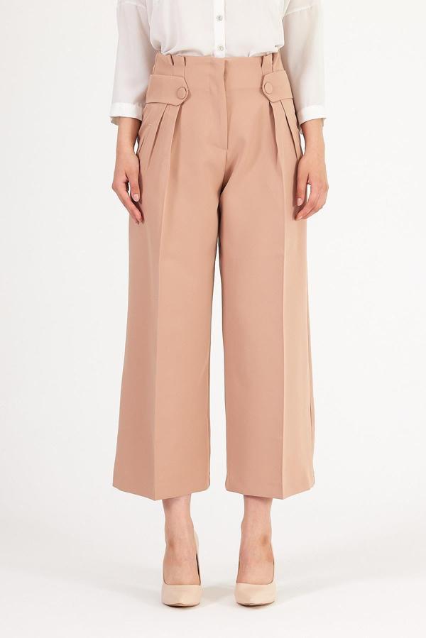 Bol Paça Bel Düğme Detay Pantolon - Image 1