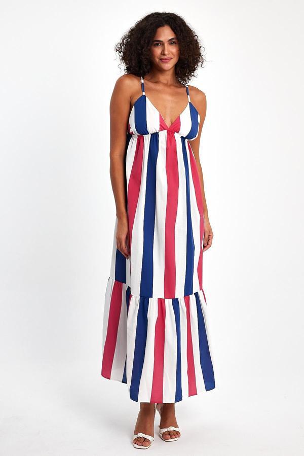 Boyuna Çizgili Ayarlanabilir Askılı Uzun Elbise - Image 1