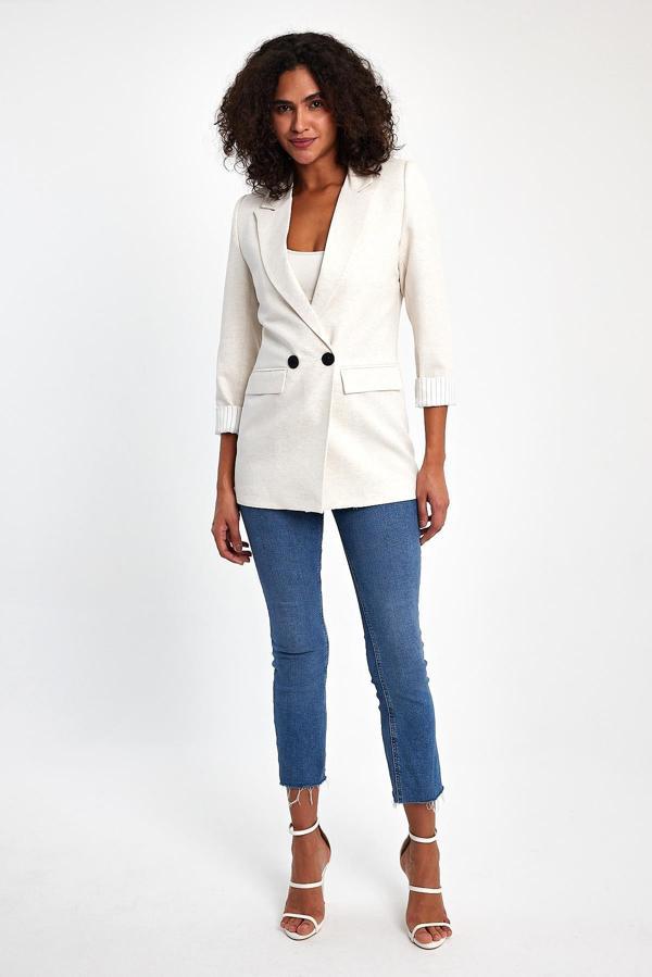 Crep Çizgili Keten Ceket - Image 1