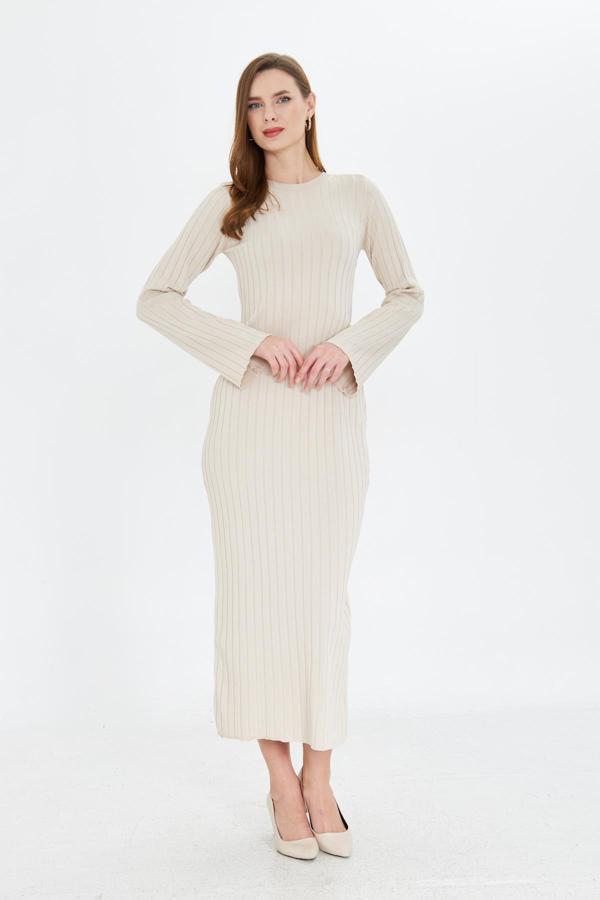 Bisiklet Yaka Standart Beden Fitilli Görünümlü Fit Kesim Uzun Elbise - Image 1