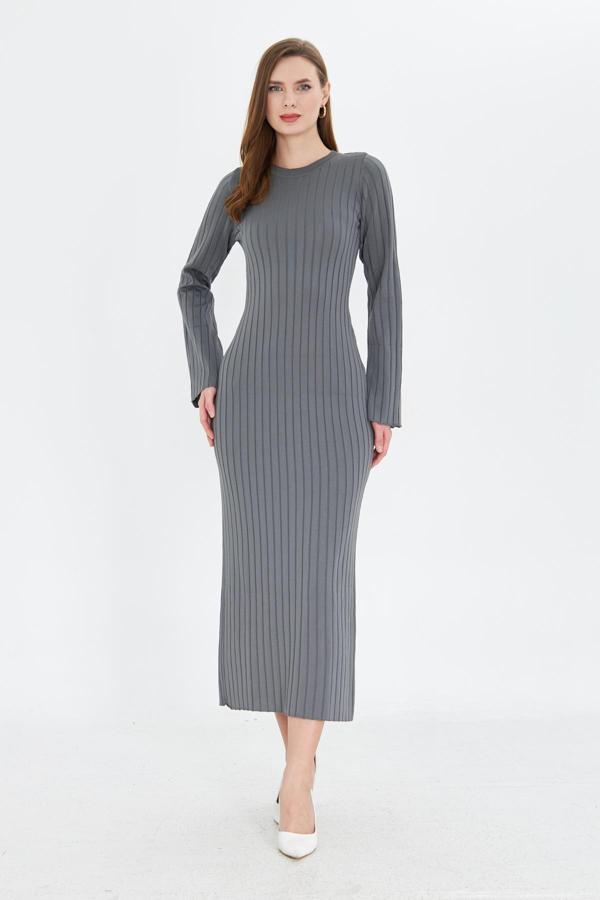 Bisiklet Yaka Standart Beden Fitilli Görünümlü Fit Kesim Uzun Elbise - Image 1