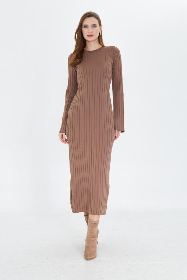 Bisiklet Yaka Standart Beden Fitilli Görünümlü Fit Kesim Uzun Elbise - Image 1