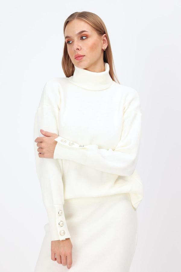 Kalın Balıkçı Yaka Kol Düğme Detay Kazak ve Yırtmaçsız Lastik Bel Etek Triko Takım - Image 1