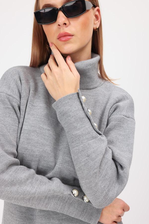 Kalın Balıkçı Yaka Kol Düğme Detay Kazak ve Yırtmaçsız Lastik Bel Etek Triko Takım - Image 1