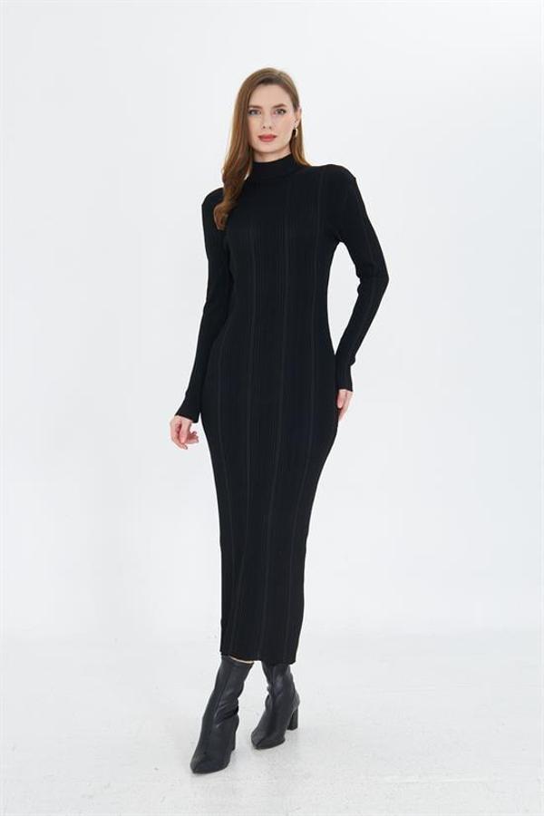 Yarım Balıkçı Yaka Standart Beden Fitilli Görünümlü Fit Kesim Uzun Elbise - Image 1