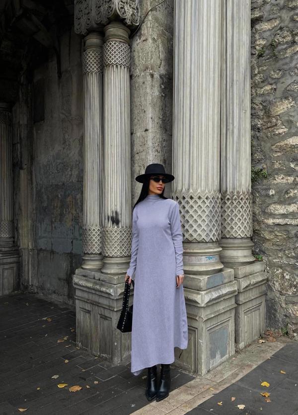 BİÇOMİ Boğazlı kalın bürümcük uzun elbise gri - Image 1