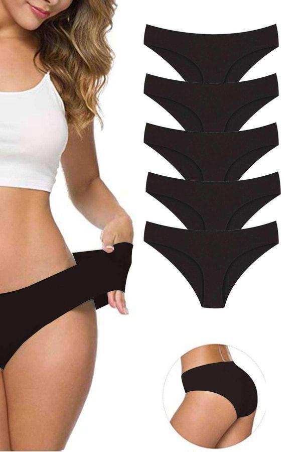 biçomi 5 Adet Kadın Dikişsiz Lazer Kesim Esnek İz yapmayan Külot Siyah - Image 1
