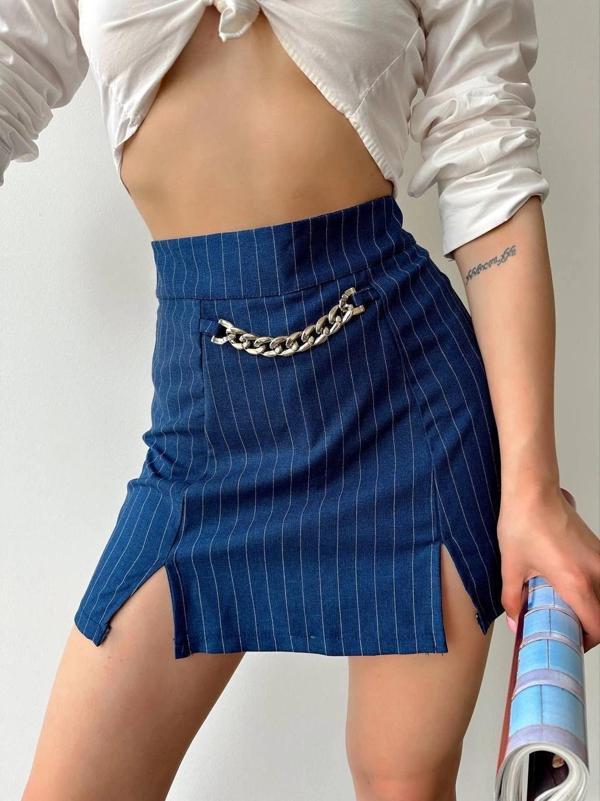 BİÇOMİ Zincir detaylı çizgili şort etek - Image 1