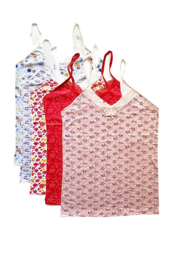 biçomi 5 Adet Kadın Askılı Desenli Atlet Dantelli Empirme Pamuklu Penye D6-10 - Image 1