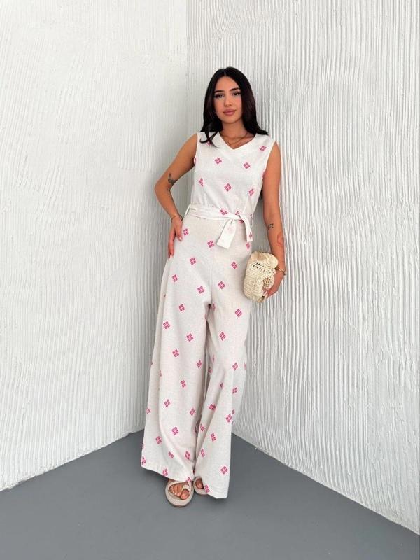 BİÇOMİ Sırt dekolteli keten beyaz tulum S1036 - Image 1