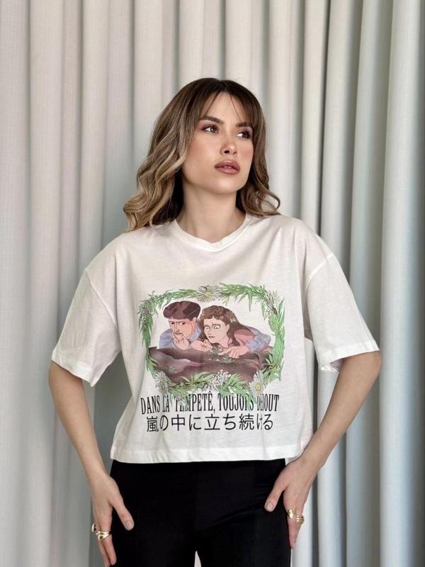 BİÇOMİ Oversize Beyaz baskılı crop tişört - Image 1