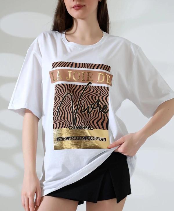 BİÇOMİ Varak çizgili Oversize tişört - Image 1