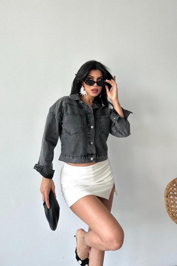 BİÇOMİ Çift cepli kol katlamalı süper taş enzim yıkama crop kot ceket füme d2000 - Image 1