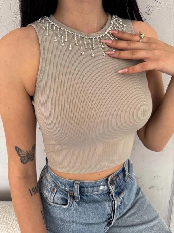 BİÇOMİ fitilli kaşkorse yakası zincirli atlet vizon - Image 1