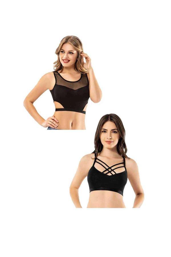 biçomi Kota 6 Adet Siyah Tül Modelli Çapraz İpli Büstiyer - Image 1