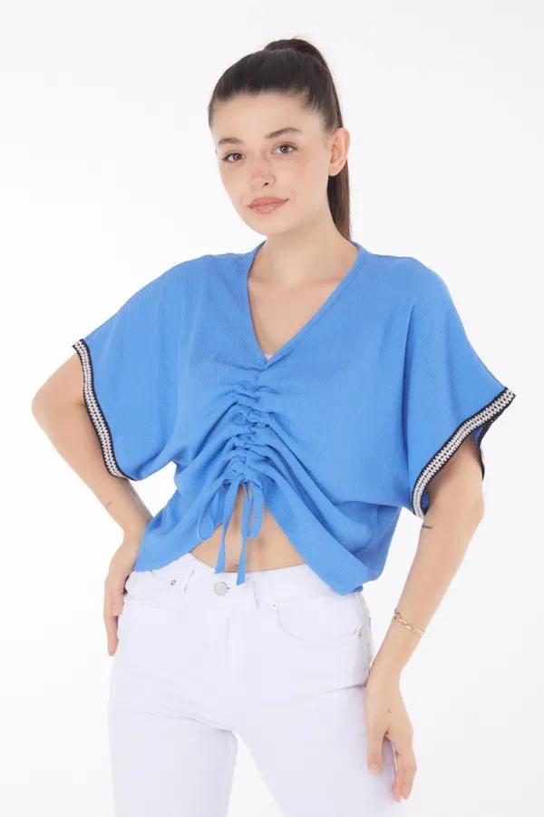 BİÇOMİ V yaka büzgülü detaylı bluz - Image 1