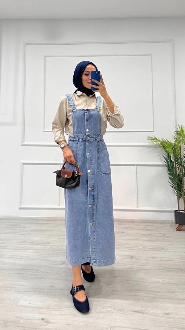 BİÇOMİ Etekli salopet enzim süper taş yıkama buz mavi d 2521 - Image 1