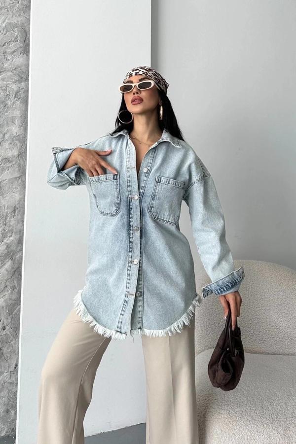 BİÇOMİ Cepli püsküllü kar yıkama kot ceket mavi d2515 - Image 1