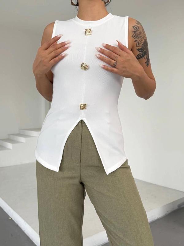 BİÇOMİ Kadın beyaz bisiklet yaka gold düğmeli ottoman bluz s2310 - Image 1