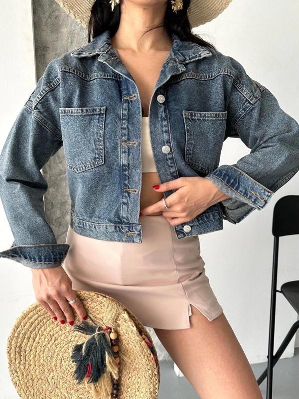 BİÇOMİ Çift cepli kol katlamalı kar yıkama crop kot ceket kahve tint d2000 - Image 1