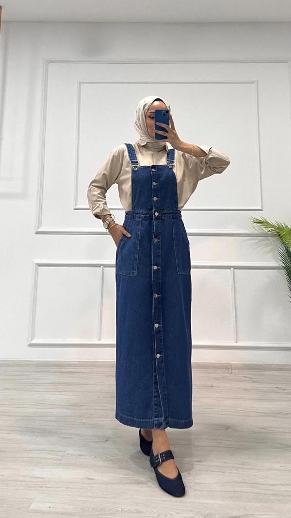 BİÇOMİ Etekli salopet enzim süper taş yıkama koyu mavi d2521 - Image 1