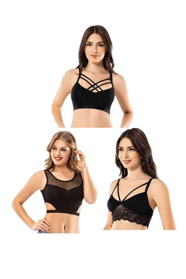 biçomi Kota 3 Adet Dantelli Çapraz İpli Tül Model Büstiyer - Image 1