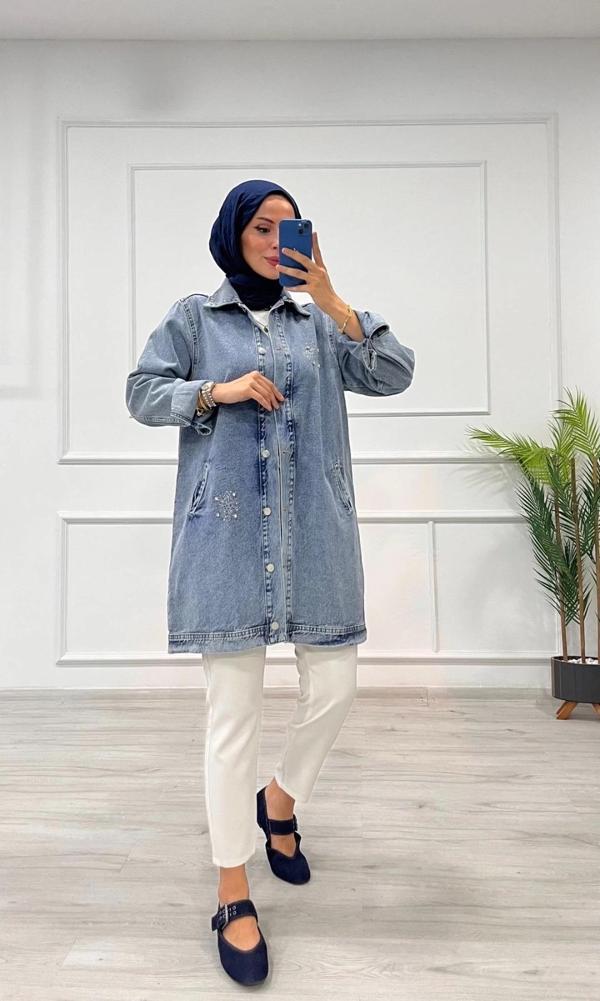 BİÇOMİ Taşlı tunik ceket kar yıkamalı mavi d2516 - Image 1