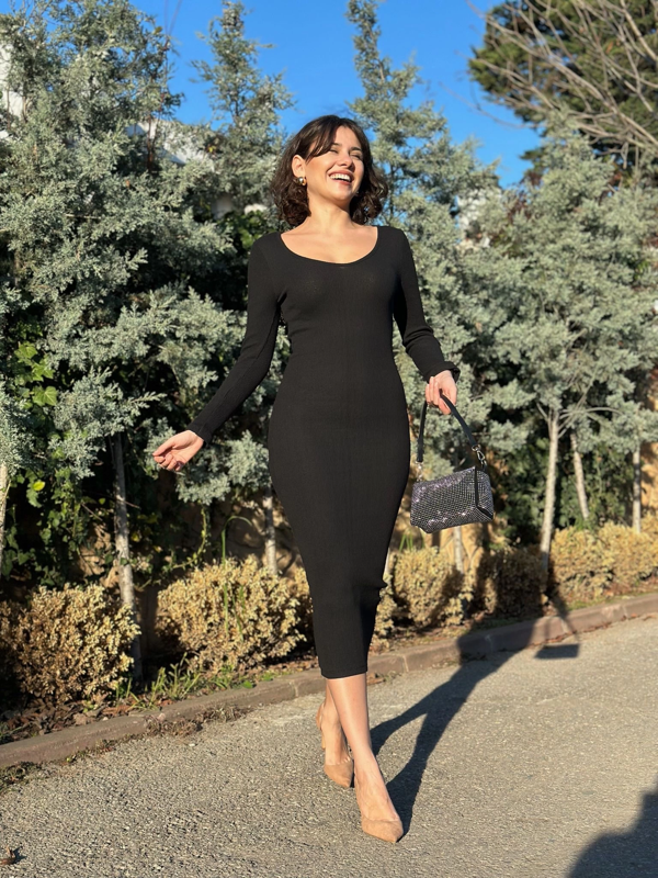 BİÇOMİ V yaka Uzun kollu midi boy elbise siyah A3154 - Image 1