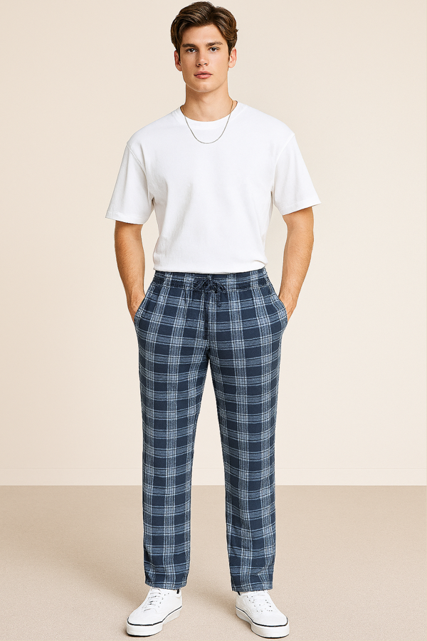 Erkek %100 Pamuk Cepli Ekose Pijama Altı | Lacivert - Image 1