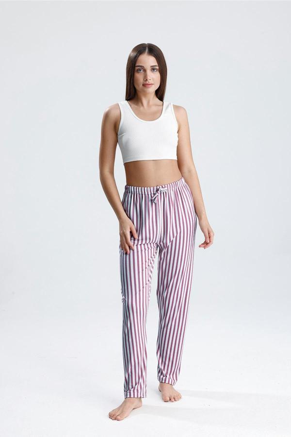 Kadın Dikey Çizgili Uzun Pijama Pantolon | Mor - Image 1