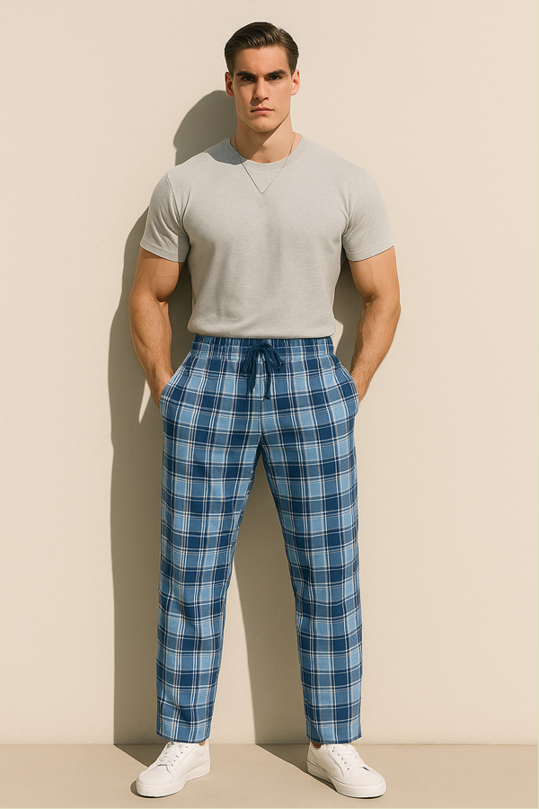 Erkek %100 Pamuk Cepli Ekose Pijama Altı | Mavi - Image 1